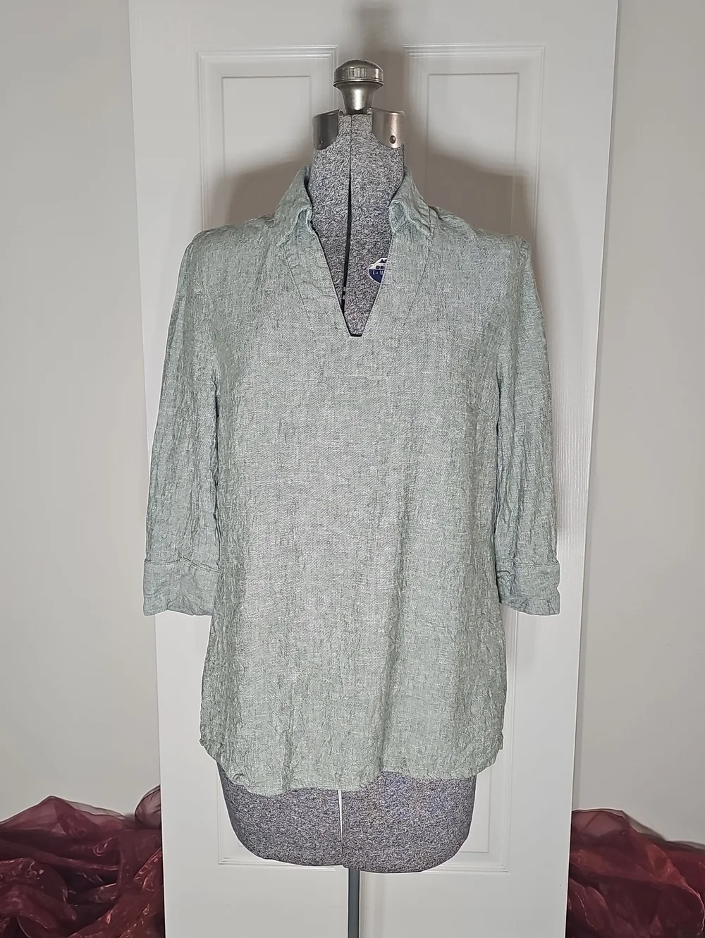 Jones New York Linen Viscose Blend V-Neck Top Green Grey Size M